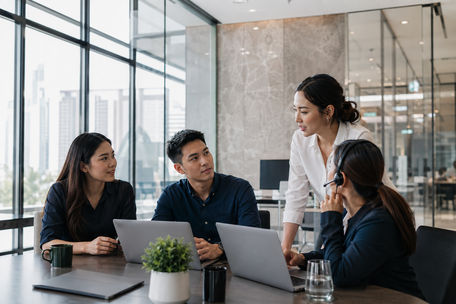 Illustration of a customer service team in a modern office